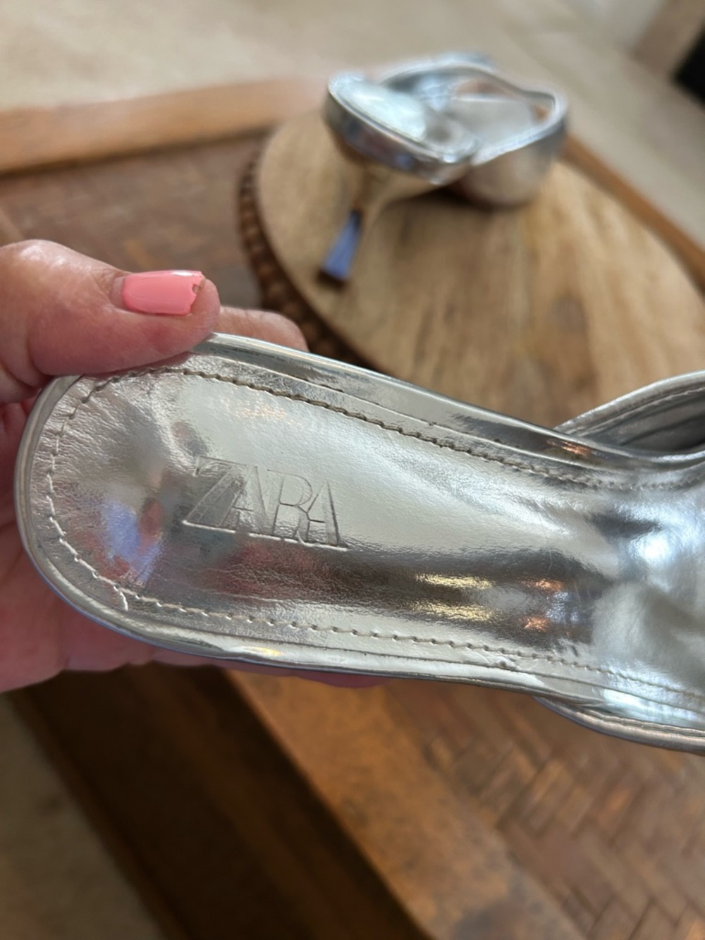Zara Metallic Silver Pointed-Toe Kitten Heel Mules - Picture 5 of 6